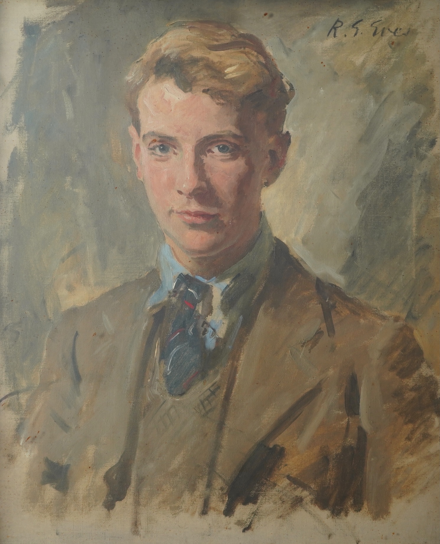 R. G Eves (1876-1941) Half length portrait of a young gentleman, signed upper right James Bourlet & Sons label verso, oil on canvas, 59 x 48cm